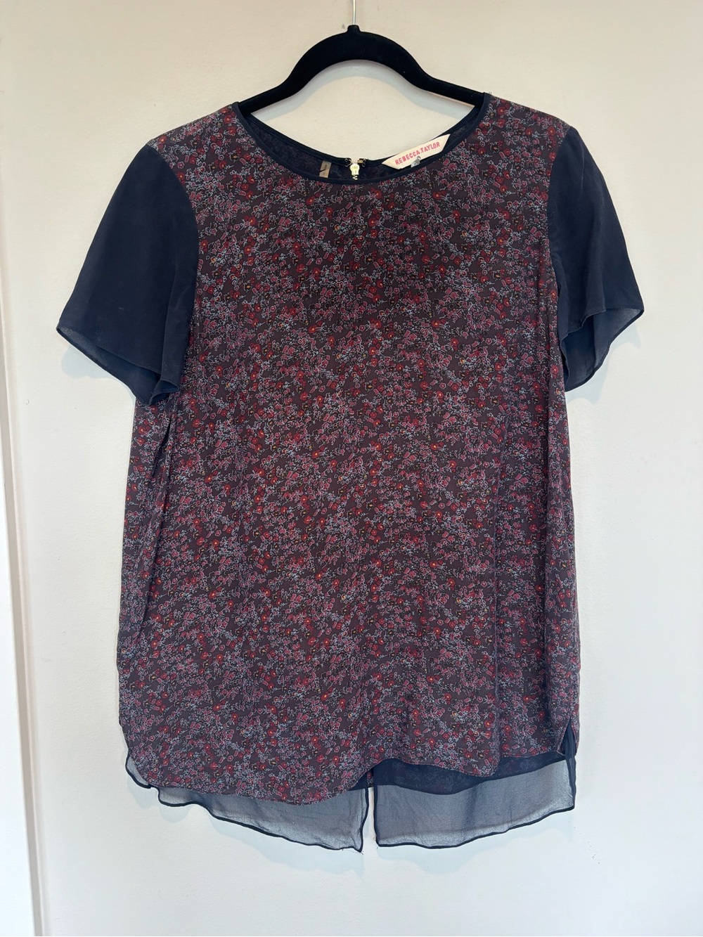 Rebecca Taylor Navy and Burgundy Silk Floral Short-Sleeve Chiffon Blouse